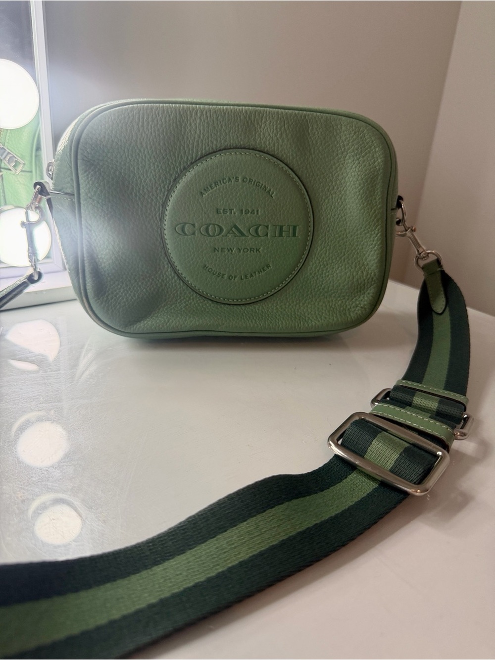 Coach Dempsey Leather Camera Bag in Sage Green with Striped Strap